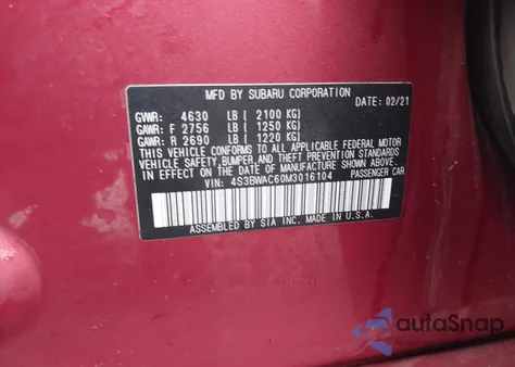 2021 Subaru Legacy Premium из США, поврежденный, VIN 4S3BWAC60M3016104